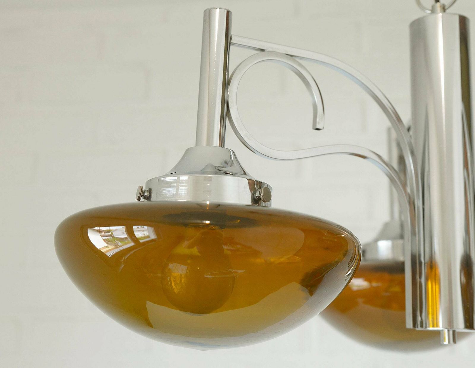photo furniture Large Vintage Chandelier / Spage Age / Yugoslavia 1970s / Chrome Pendant Light / Mid Century Modern / Amber Glass / Mcm Light Fixture