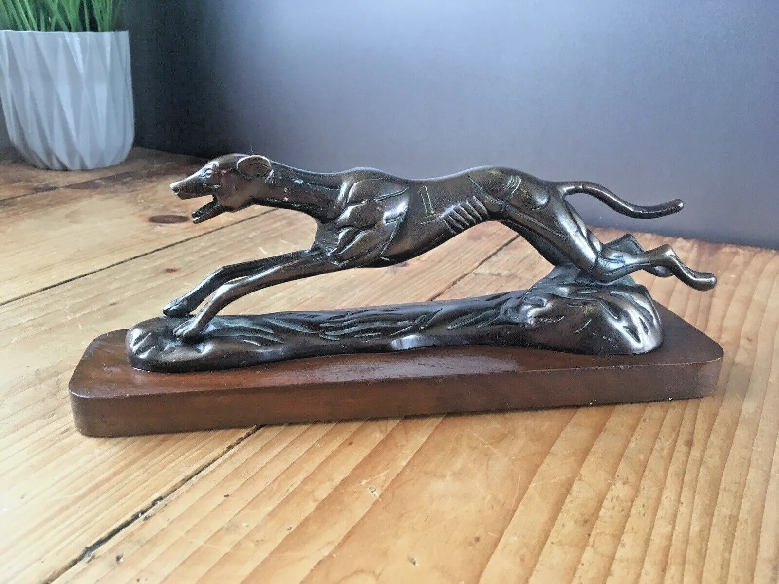 Vintage Bronzed Metal Greyhound Dog Whippet #1 Sculpture On Wooden Plinth Trophy photo vintage