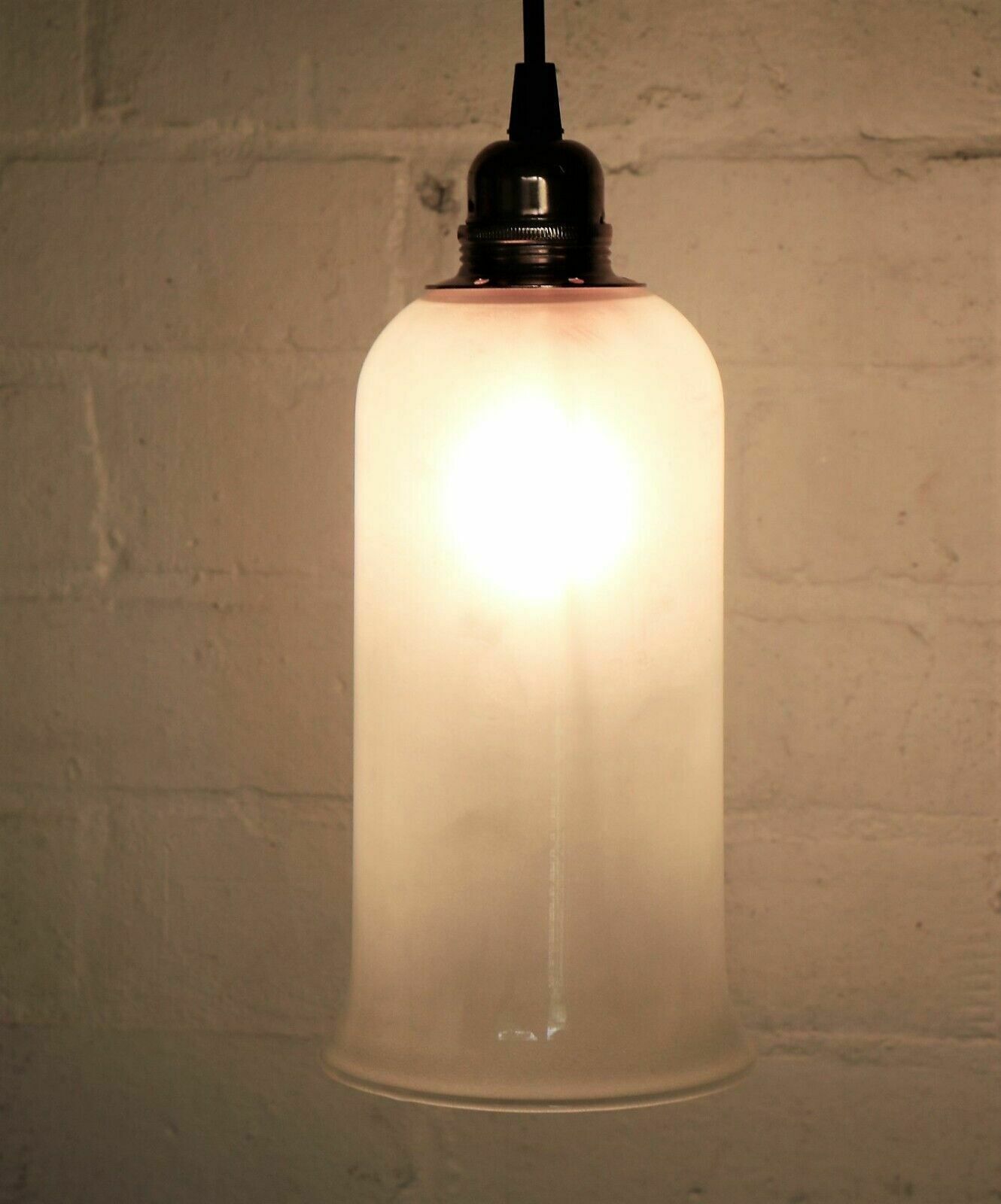 Ceiling Light A Vintage French Industrial Frosted Glass Long Bell Pendant Retro photo 80.0