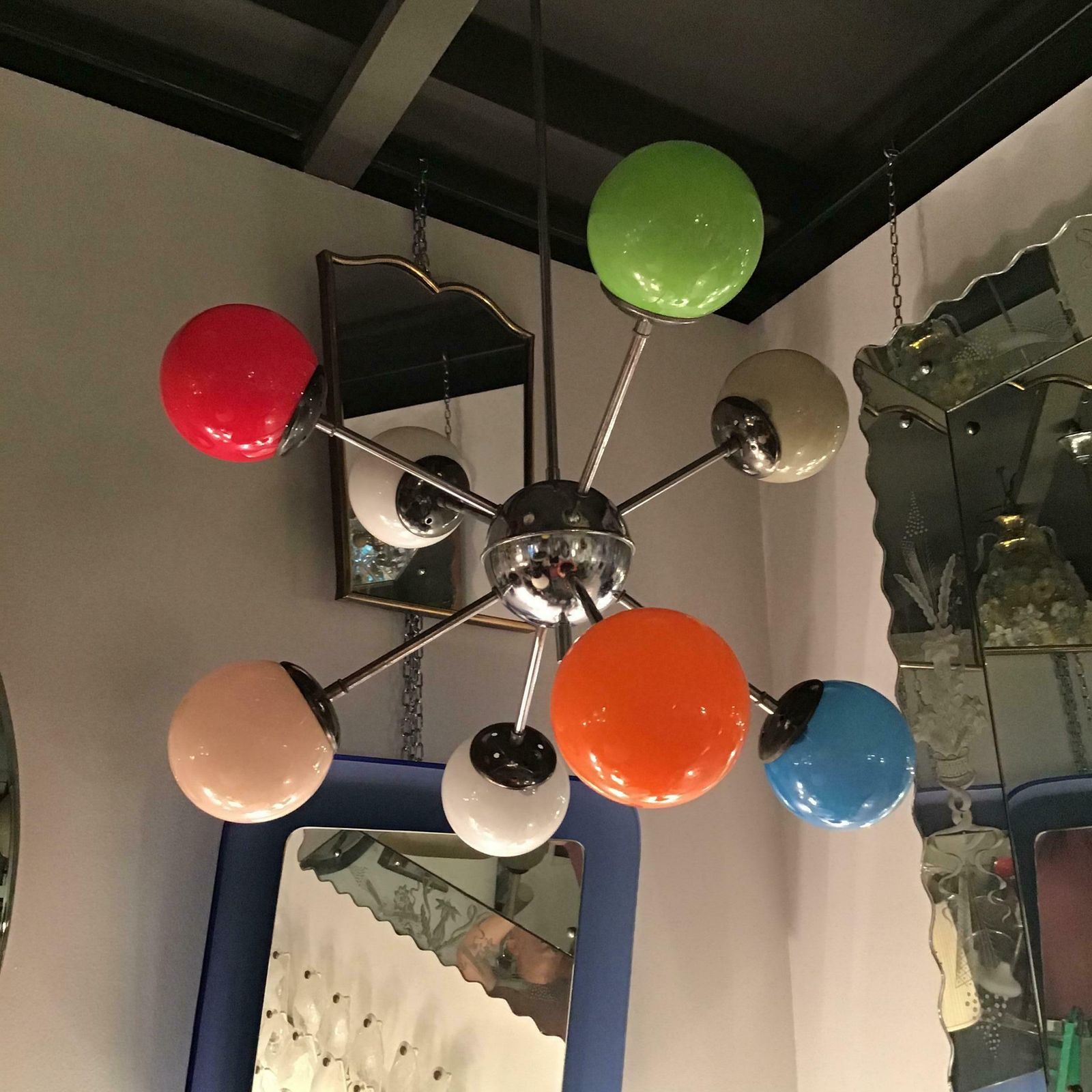 Stilnovo Chandelier 8 Light Metal Crome Opal Glass Or Shiny Glass 1958 Italy photo furniture