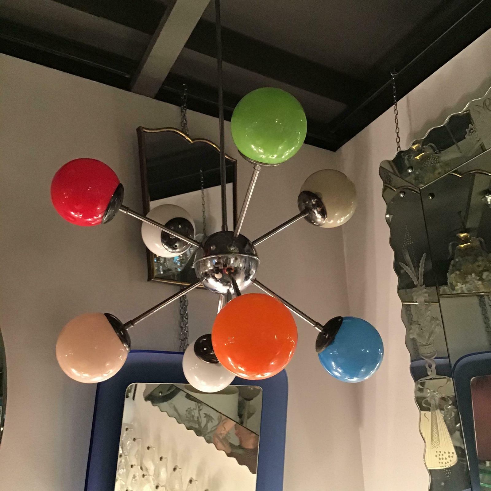 Stilnovo Chandelier 8 Light Metal Crome Opal Glass Or Shiny Glass 1958 Italy photo for sale