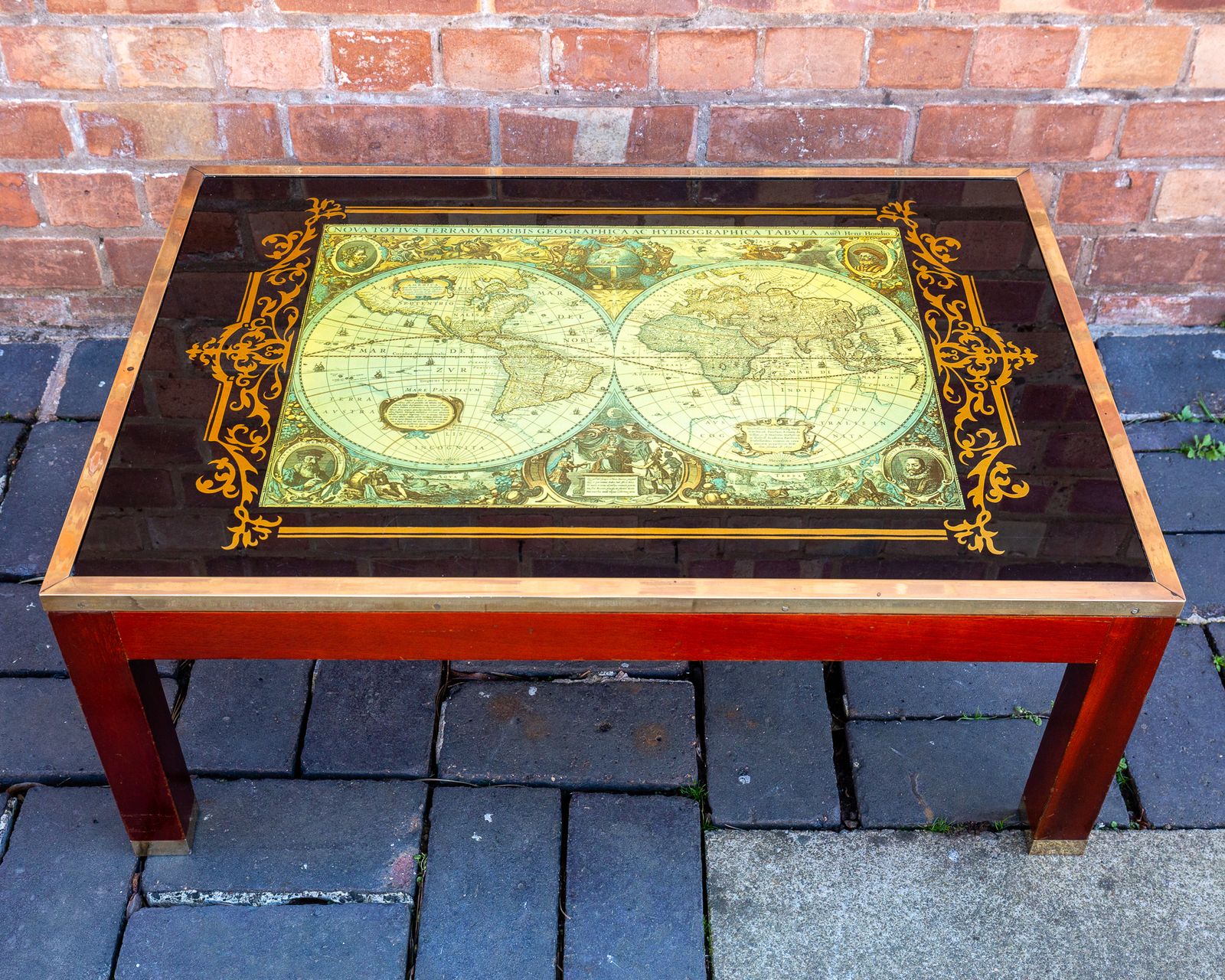 World Map Coffee Table Large Campaign Style Mid Century Atlas Glass Brass Mahogany Military Mcm 1960s
