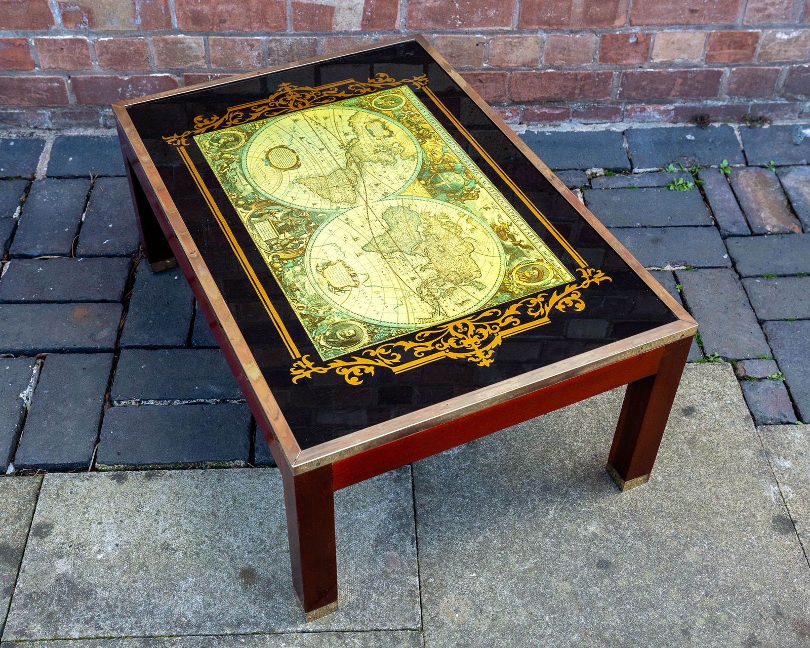 World Map Coffee Table Large Campaign Style Mid Century Atlas Glass Brass Mahogany Military Mcm 1960s photo buy