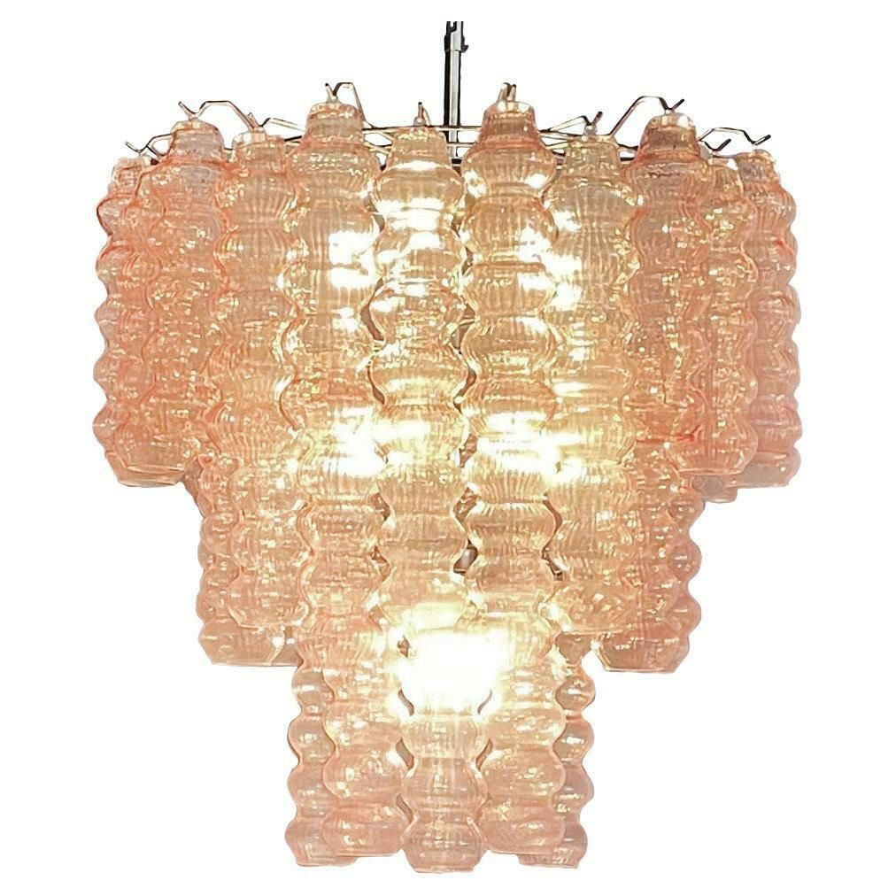 Three Tier Murano Glass Tube Chandelier, 48 Pink Glasses