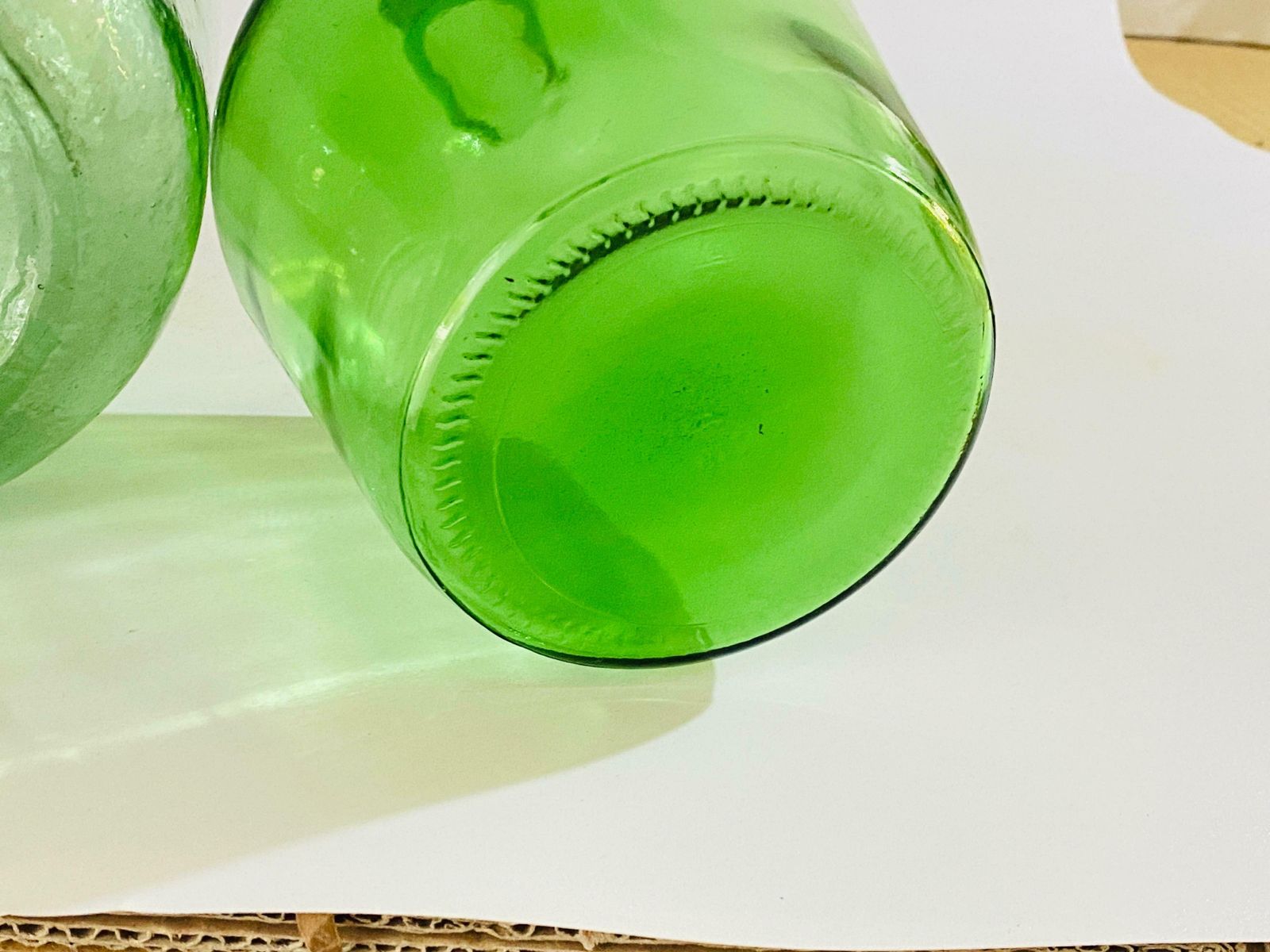 Antique French Set Of Two Glass Bottles Green Colour From France Circa 1950 photo for sale