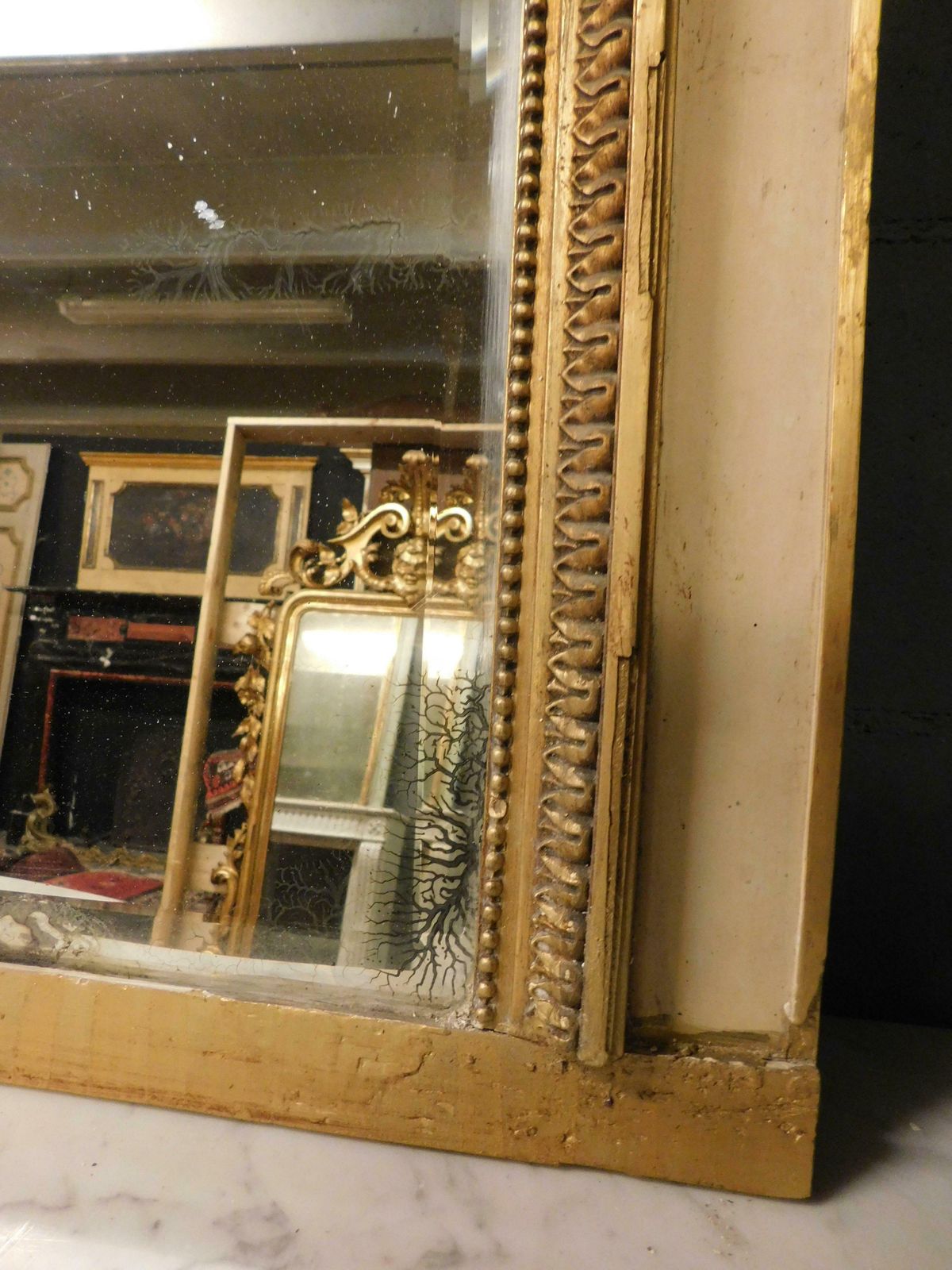 Antique Gilded And Hand Lacquered Mirror, With Painting, 19th Century, Italy. photo vinterior