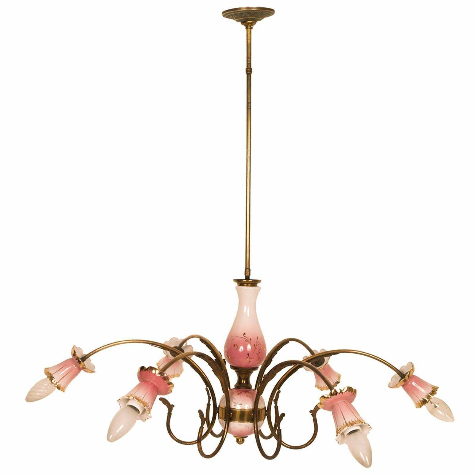 Chandelier Pendant Lamp Art Deco, Gilt Brass & Decorated Glazed Ceramic Gold