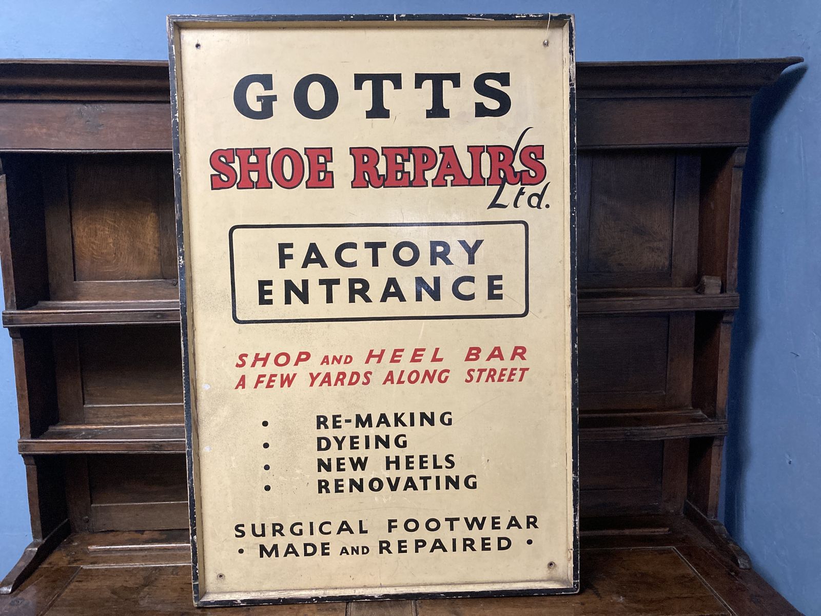 Vintage Hand Painted Wooden Shoe Factory Sign photo furniture
