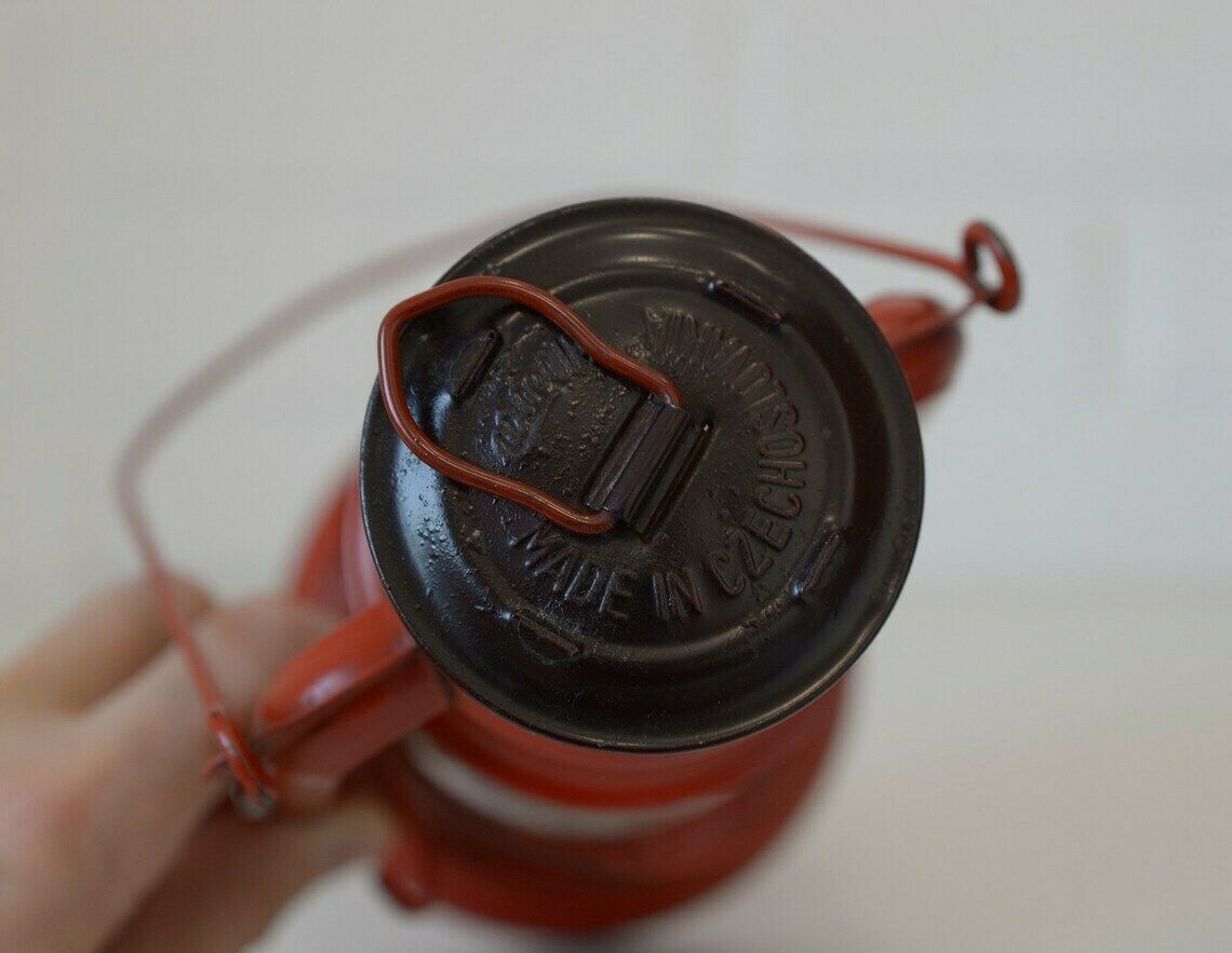 Set Of 2 Vintage Lantern Lamps / Hanging Hurricane Lamps / Barn Red And Blue Lantern From 1950s photo 156.0