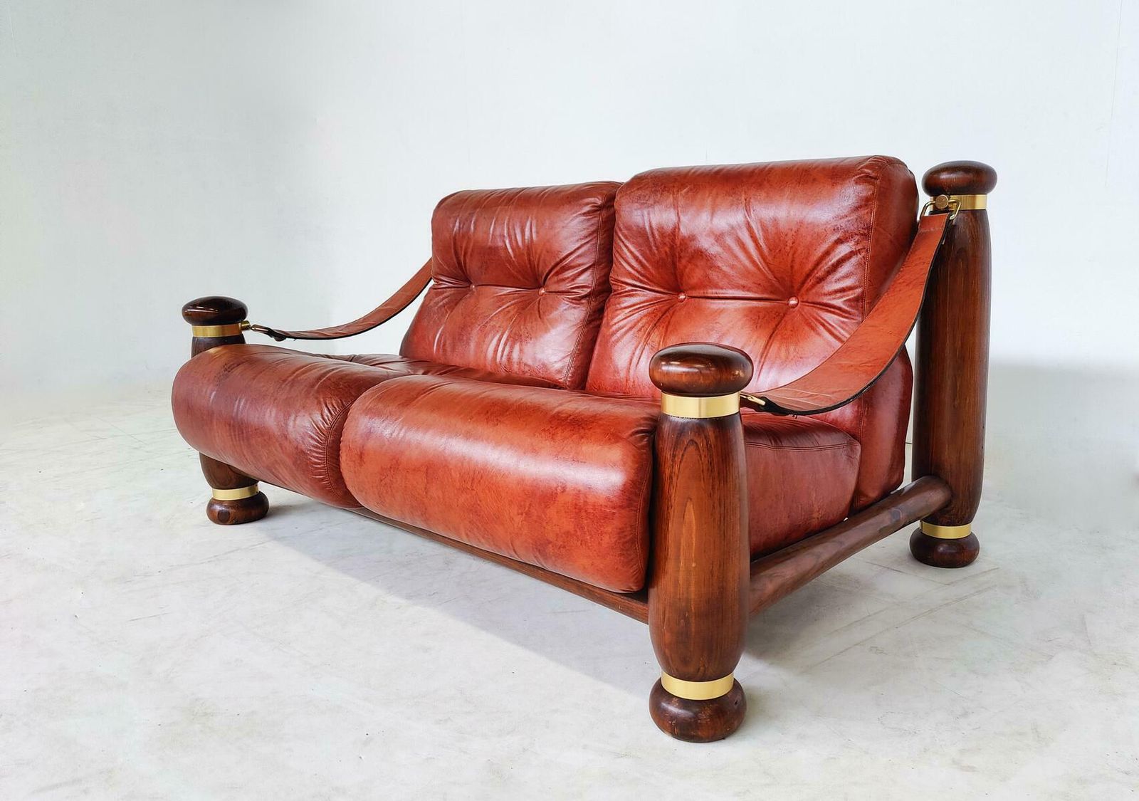 Mid Century Modern Seating Set, Leather And Wood, Italy, 1970s, Original Leather photo 5512.0