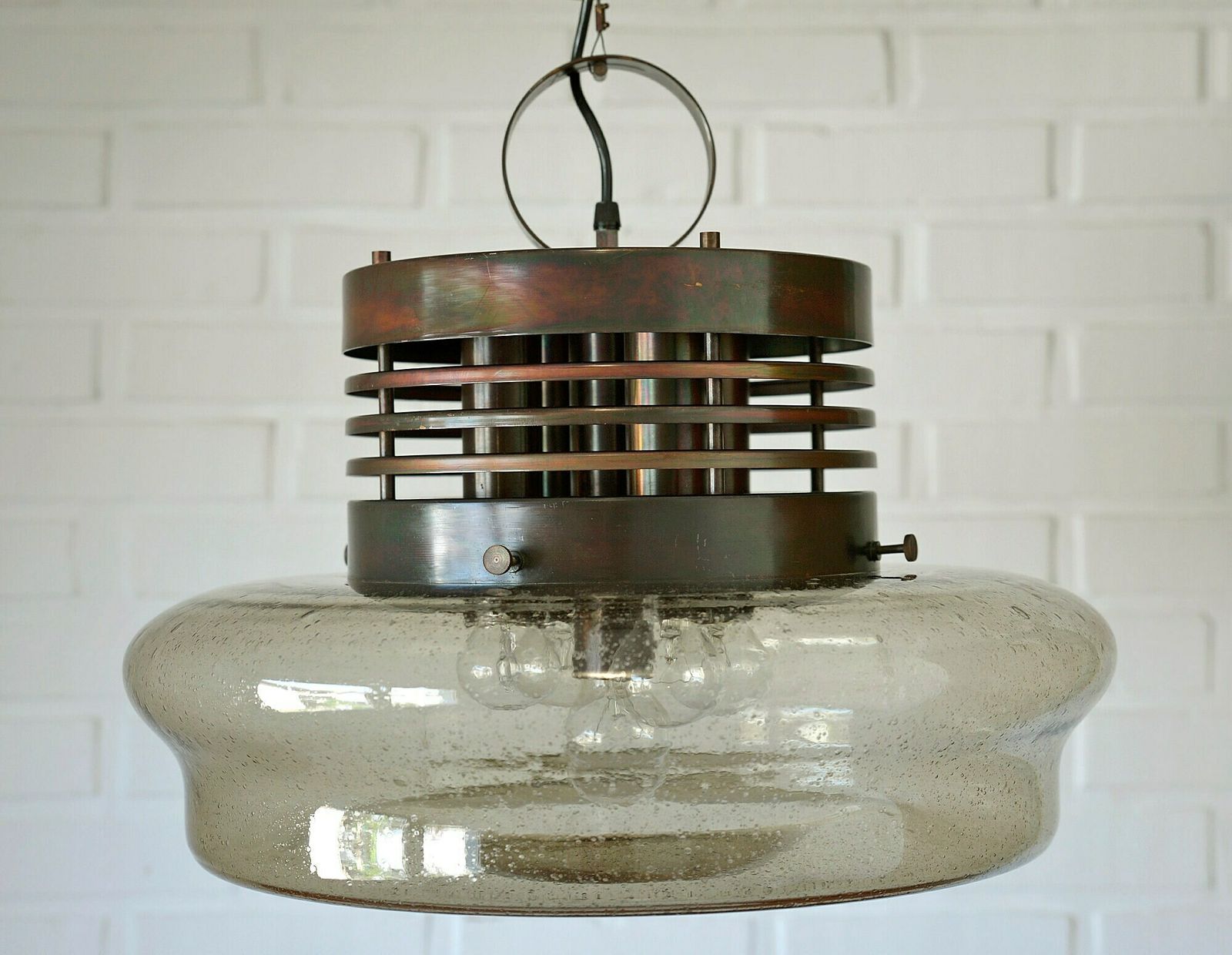 Vintage Brutalist Light Fixture / Hand Blown Glass Pendant Lamp / Xl Rustic Copper Loft Chandelier / Mid Century Modern Yugoslavia In 80's photo for sale