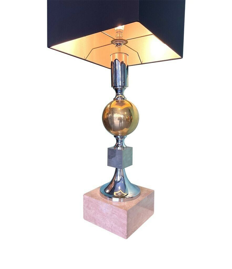 photo for sale A Large French 1970s Brass, Chrome And Marble Lamp By Maison Barbier
