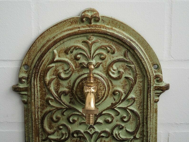 Antique Style Green Cast Iron Wall Fountain , Sink With Brass Faucet Tap, Fountain Metal Wall Sink, Patio & Wall Ornament Garden photo Home Decor
