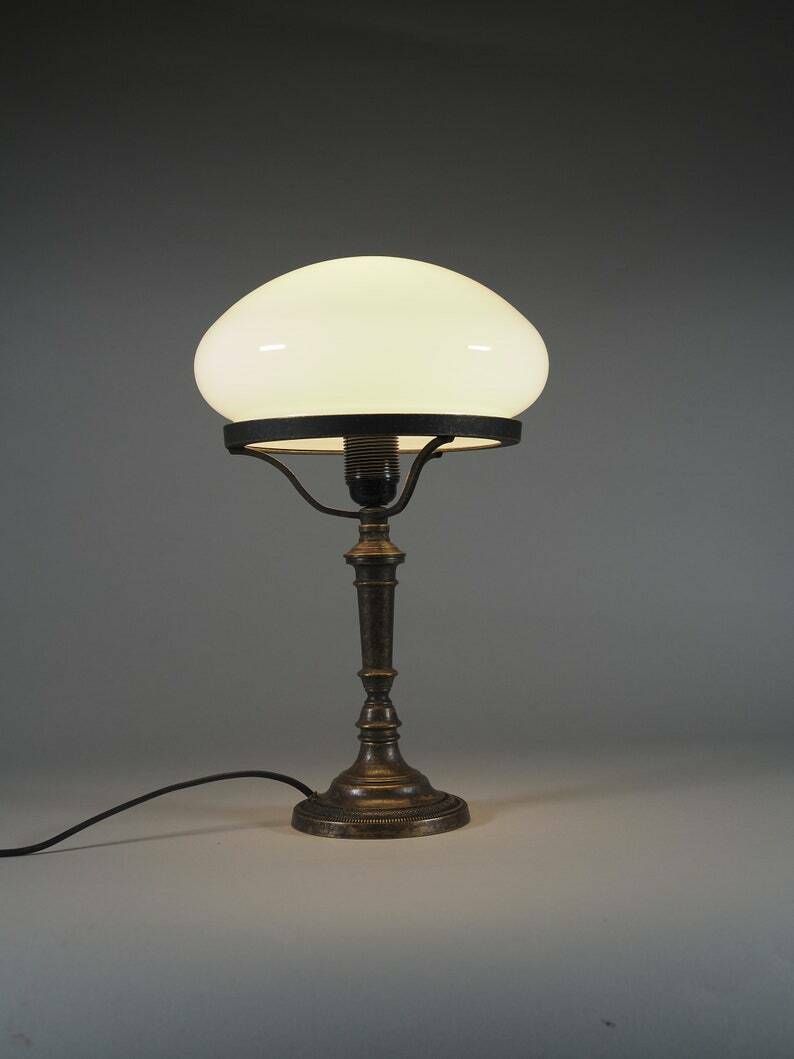 Vintage Art Deco Banker Style Table Lamp With White Glass Shade   Nightstand Lamp With Delux Design ,Elegant Desk