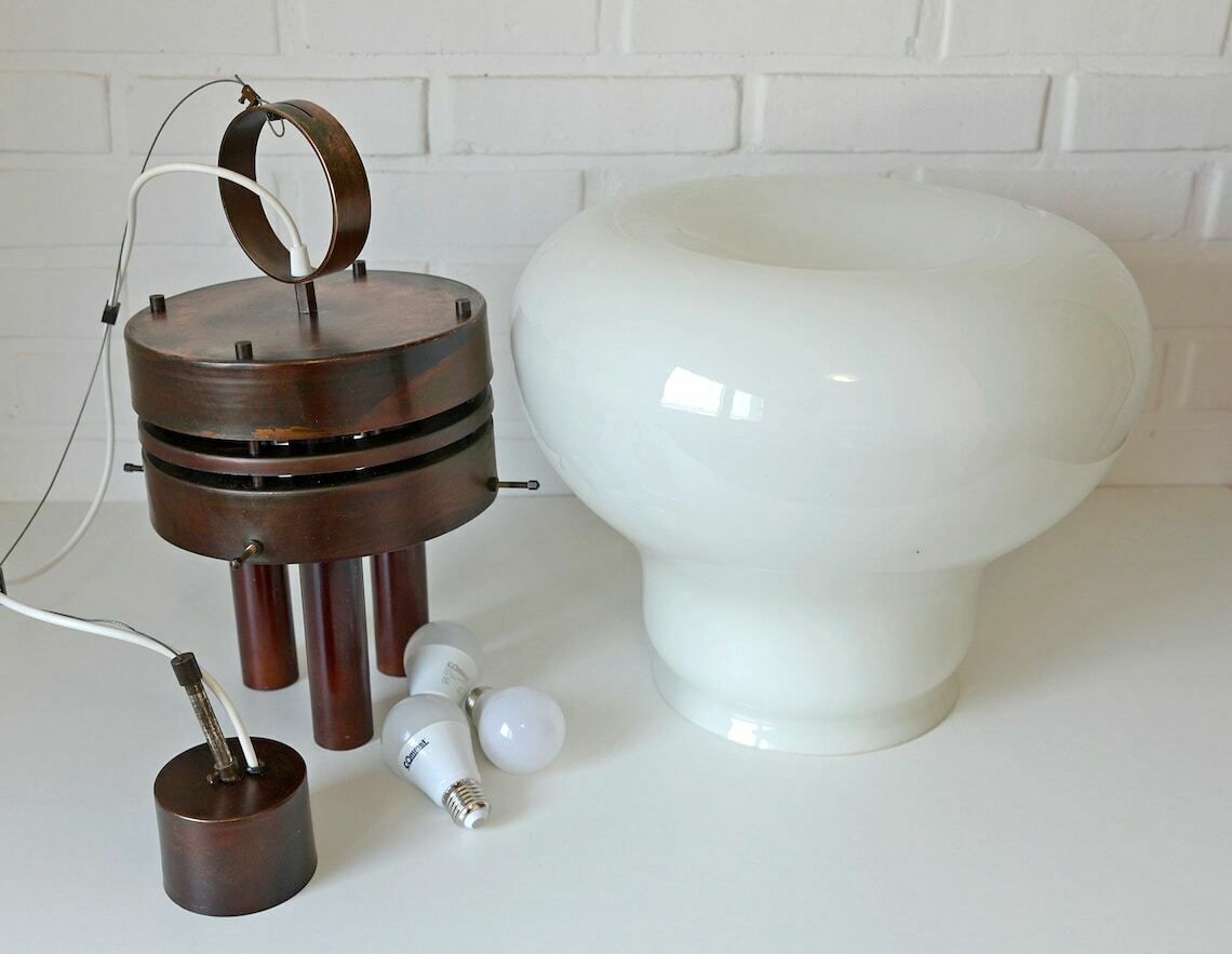 photo for sale Brutalist Vintage Pendant Light / Xl Rustic Copper Loft Chandelier / Mid Century Modern / Hand Blown Glass / Yugoslavia 80's