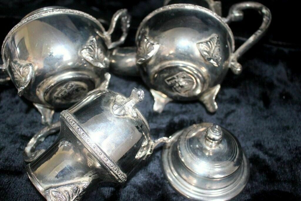 Set Of 4 Pieces Of Tea/Coffee Sugar Bowl And Milk Silver Antique Serving Set photo vintage