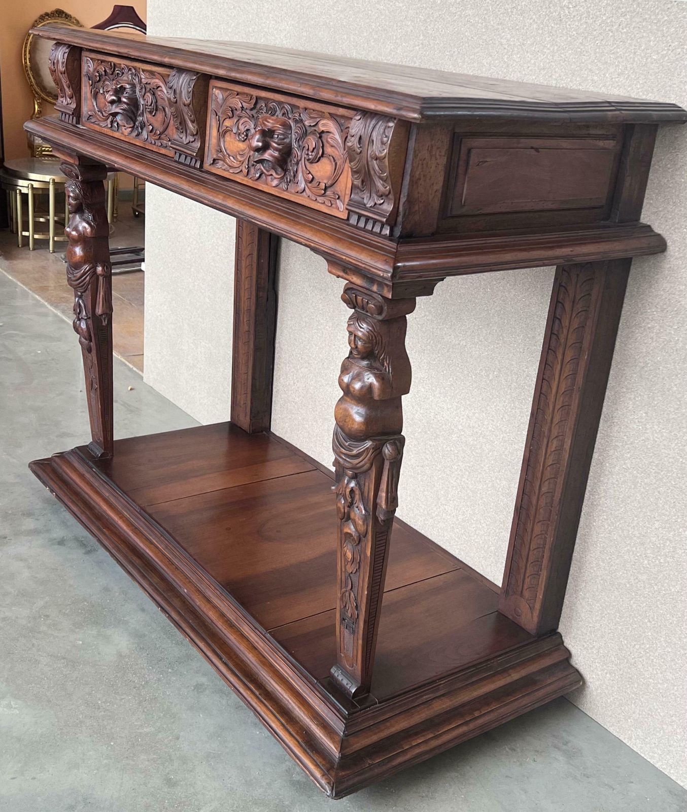 Console sculptée de style Renaissance, plateau en marbre beige, XIXe siècle photo Mobilier