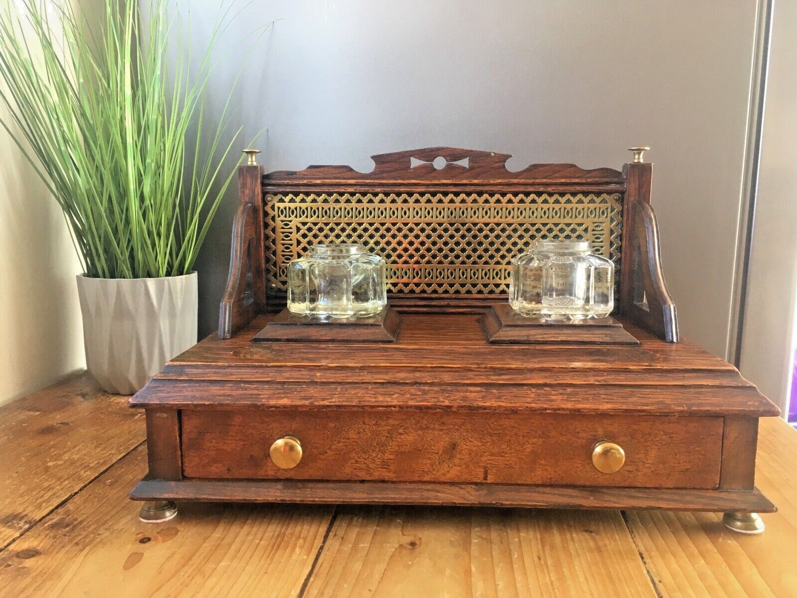 Ornate Antique Oak Brass Glass Inkwell Desk Tidy Stand Drawer Stationary Pen Box photo 265.0