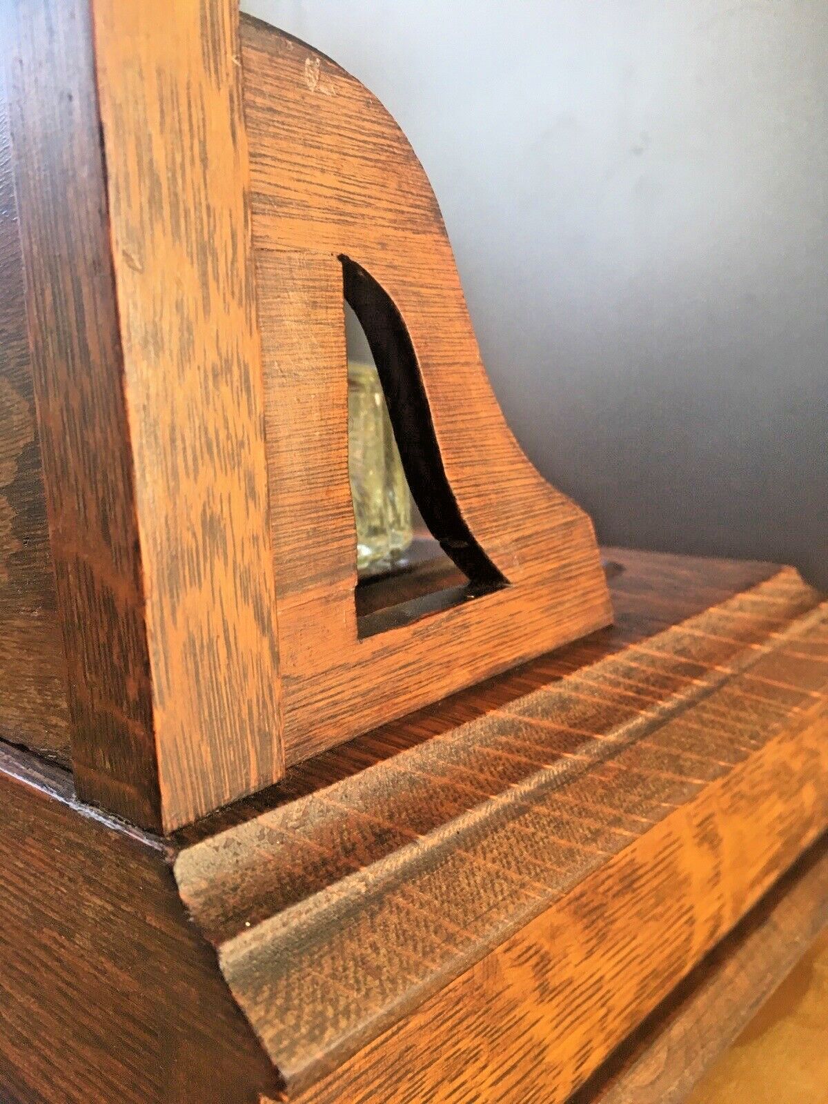 photo furniture Ornate Antique Oak Brass Glass Inkwell Desk Tidy Stand Drawer Stationary Pen Box