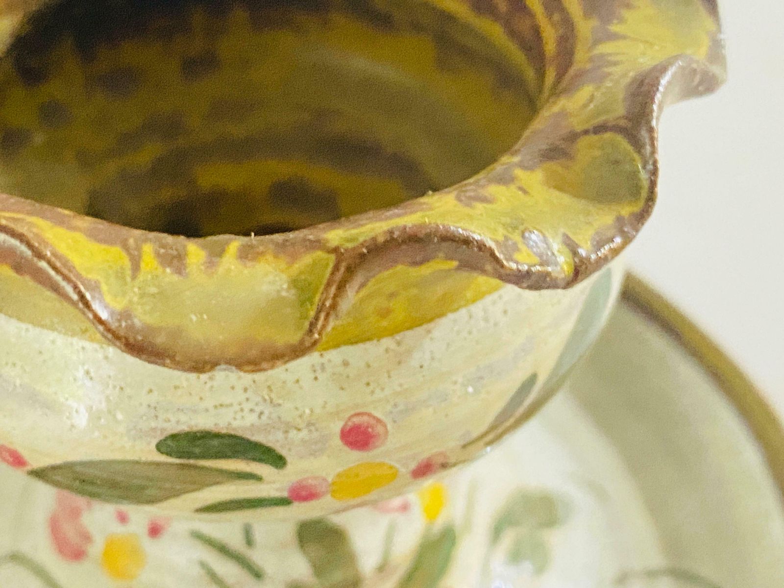 Ceramic Candleholder France 1960 Beige Green Flowers Decor Pattern By Kerluc photo for sale
