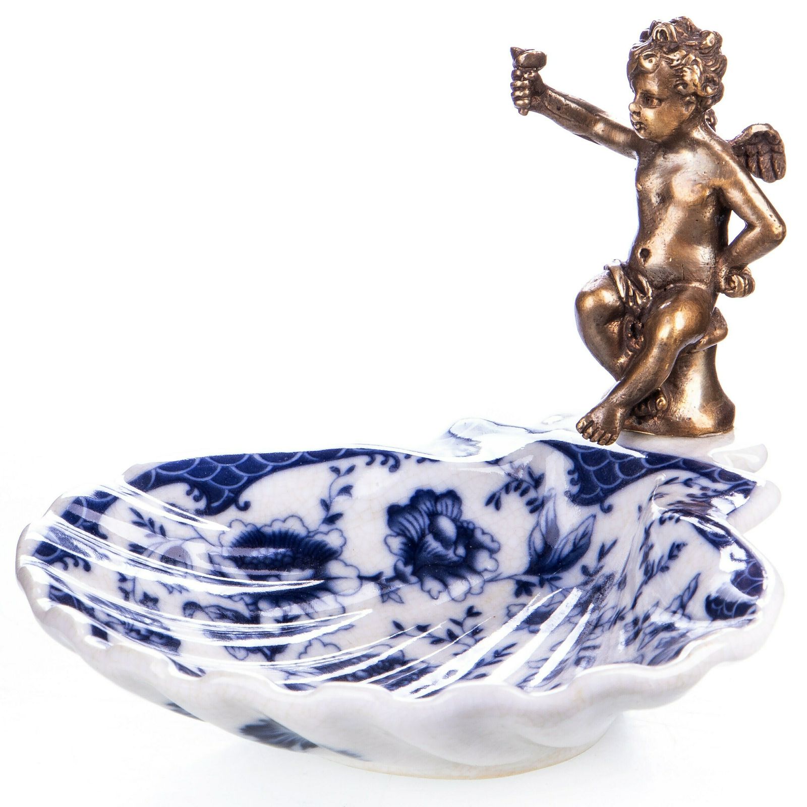 Porcelain Bowl With Angel Blue Flowers On A White Background