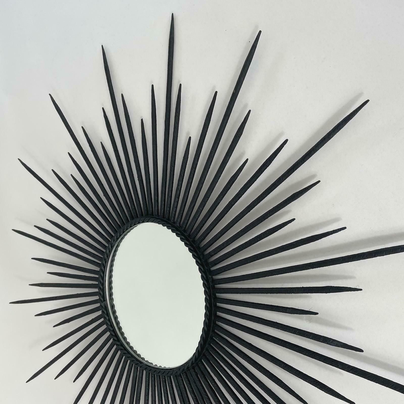 Brutalist Black Wrought Iron Sunburst Mirror, France 1950s photo vintage