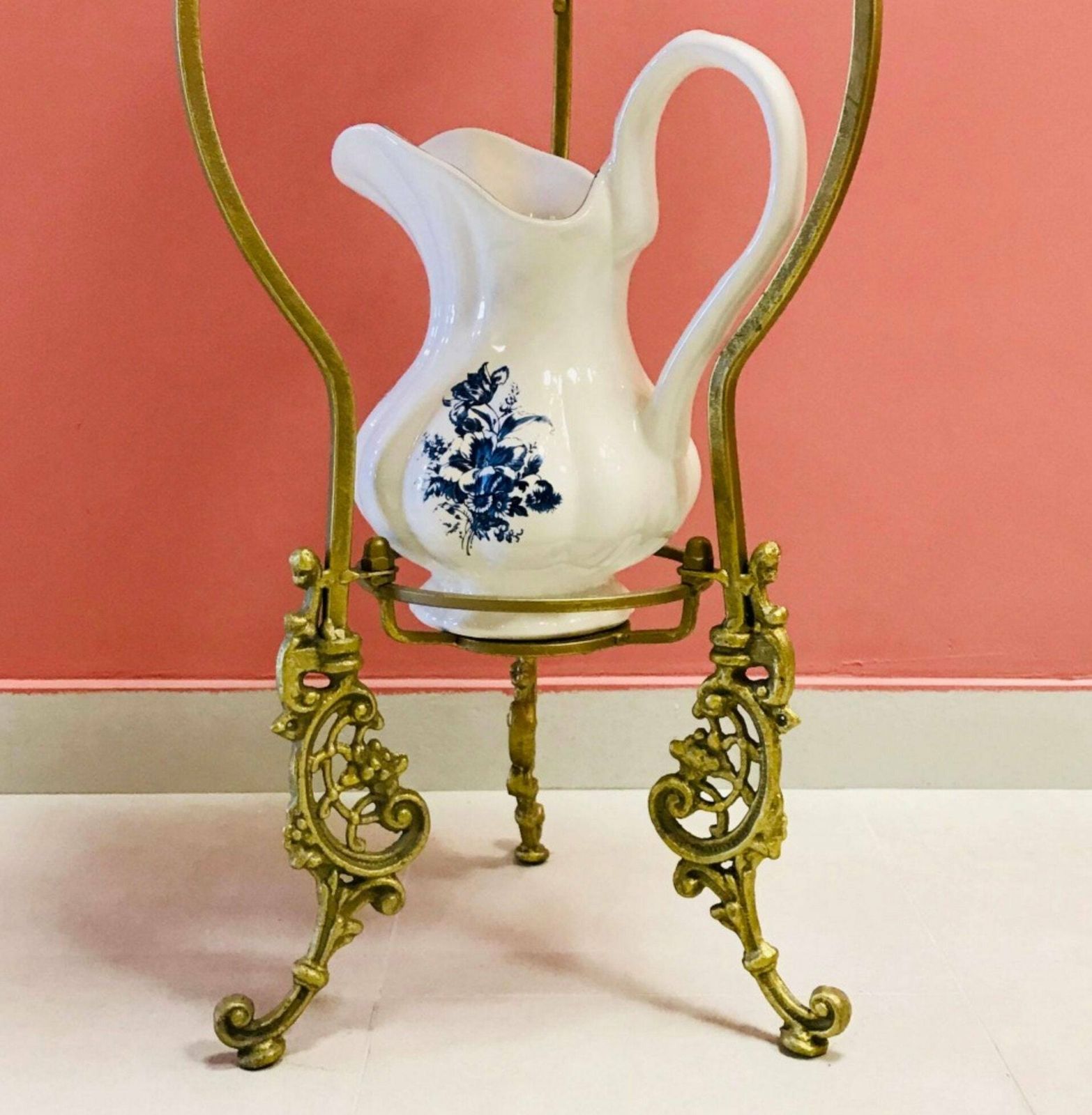 Ceramic Bath Set On Stand, Vintage Bathroom Set, Floral Ornaments, Antique Home Decor 1960 photo for sale