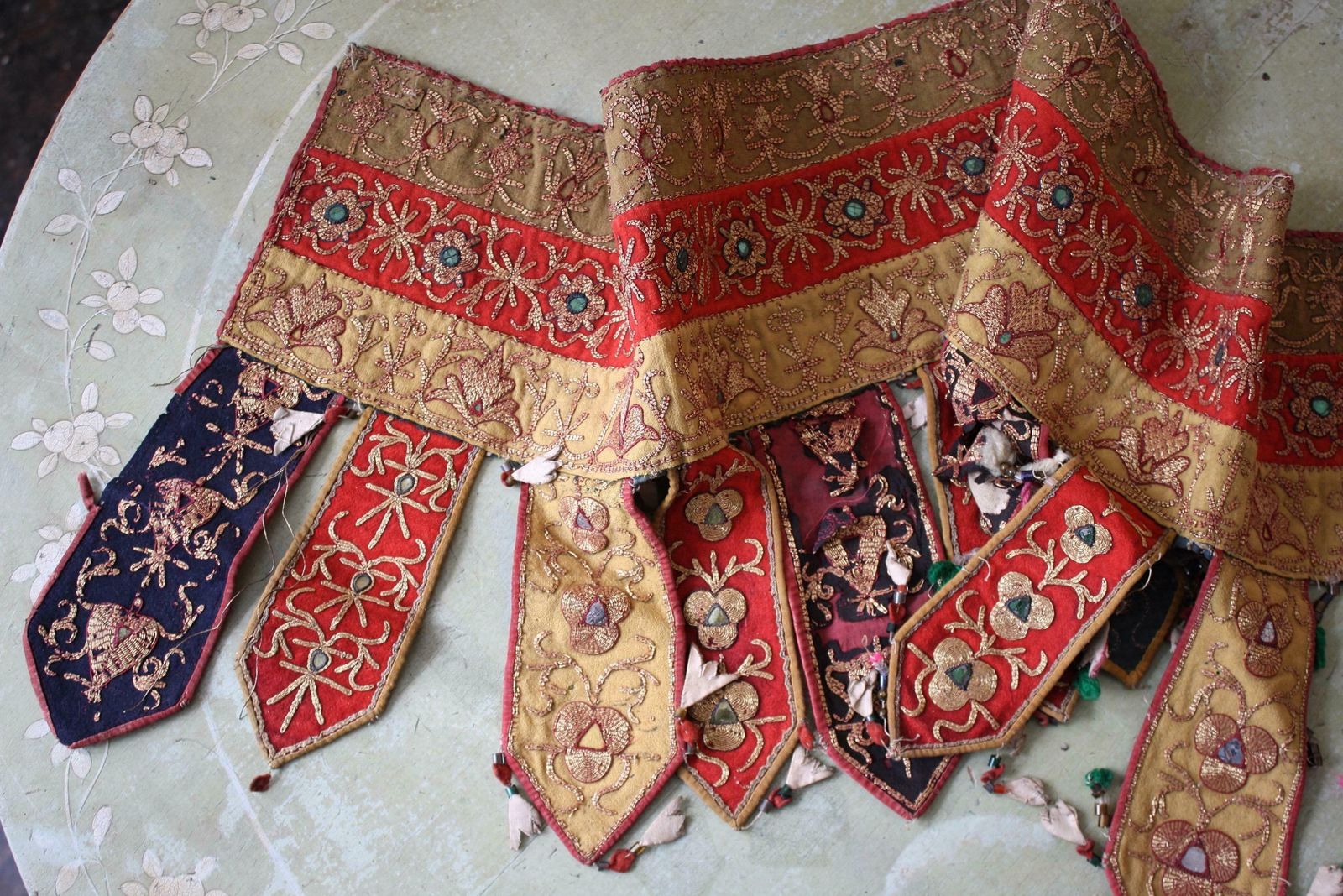 Pair Of Early 20th C Afghan Bejewelled & Gold Cotton Embroidered Door Pelmets photo furniture