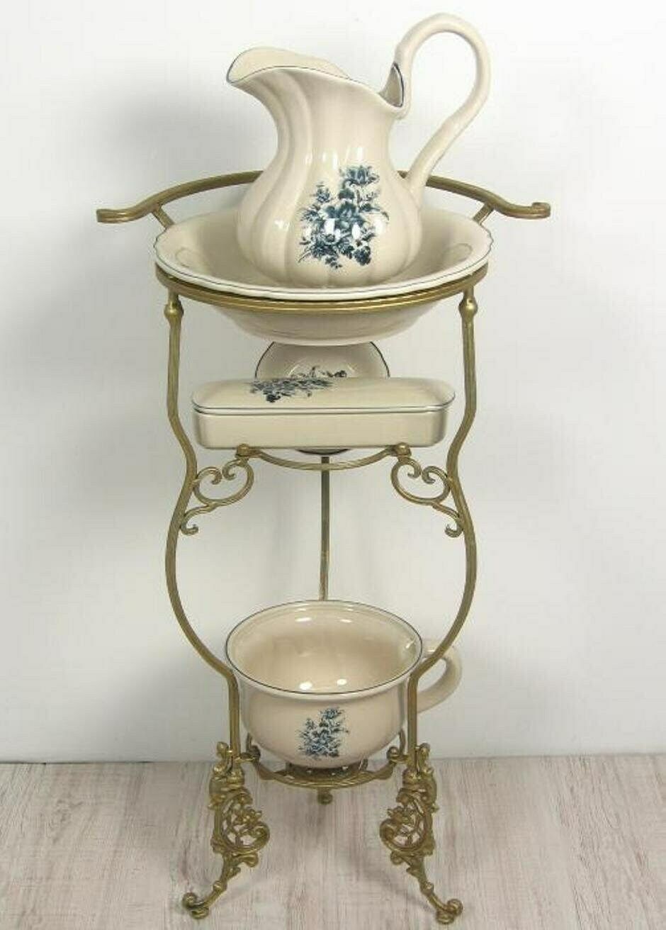 Ceramic Bath Set On Stand, Vintage Bathroom Set, Floral Ornaments, Antique Home Decor 1960