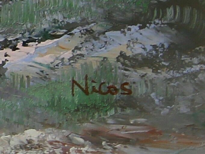 Oil On Board Of Woman Riding A Donkey By Nicos photo for sale