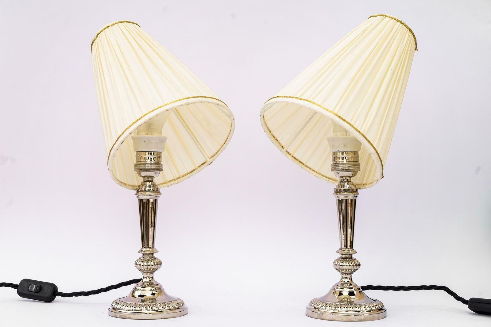 2 Art Deco Nickel, Plated Table Lamps With Fabric Shades, Vienna, Around 1920s photo 632.0