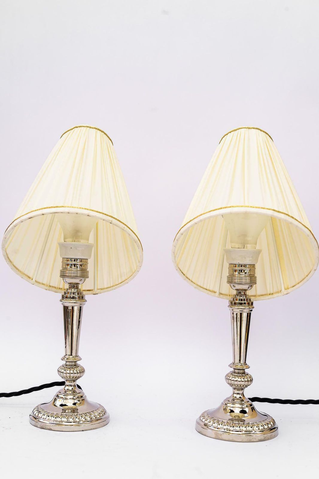 2 Art Deco Nickel, Plated Table Lamps With Fabric Shades, Vienna, Around 1920s photo vinterior