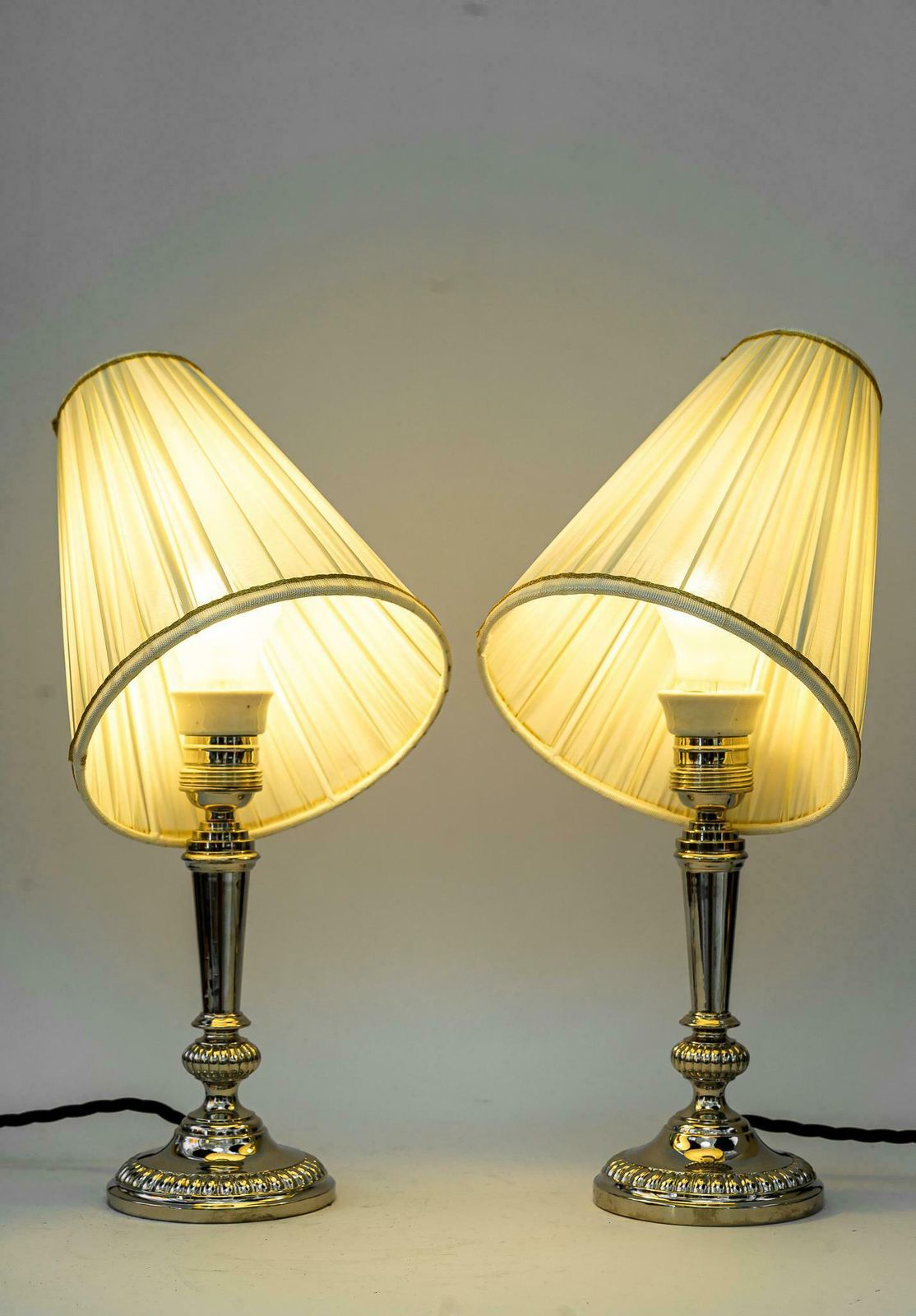 photo for sale 2 Art Deco Nickel, Plated Table Lamps With Fabric Shades, Vienna, Around 1920s