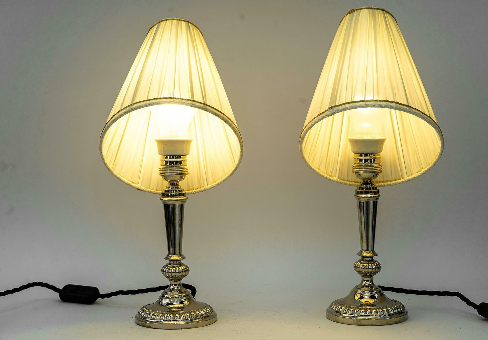 632.0 2 Art Deco Nickel, Plated Table Lamps With Fabric Shades, Vienna, Around 1920s photo