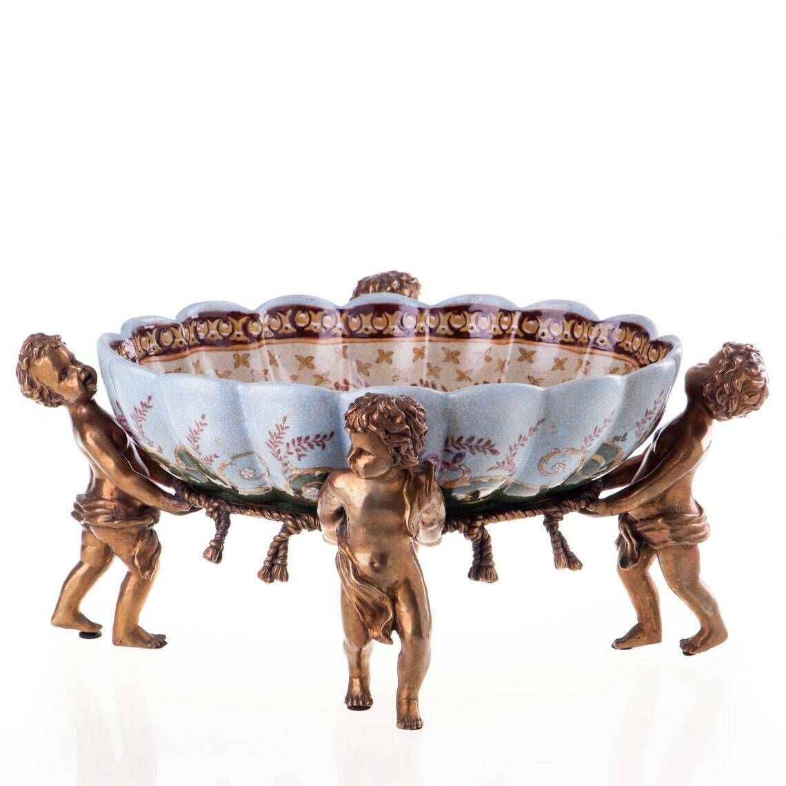 Large Decorative Bowl, Plateau Made Of Porcelain And Bronze, Angels And Birds, Antique Home Deco