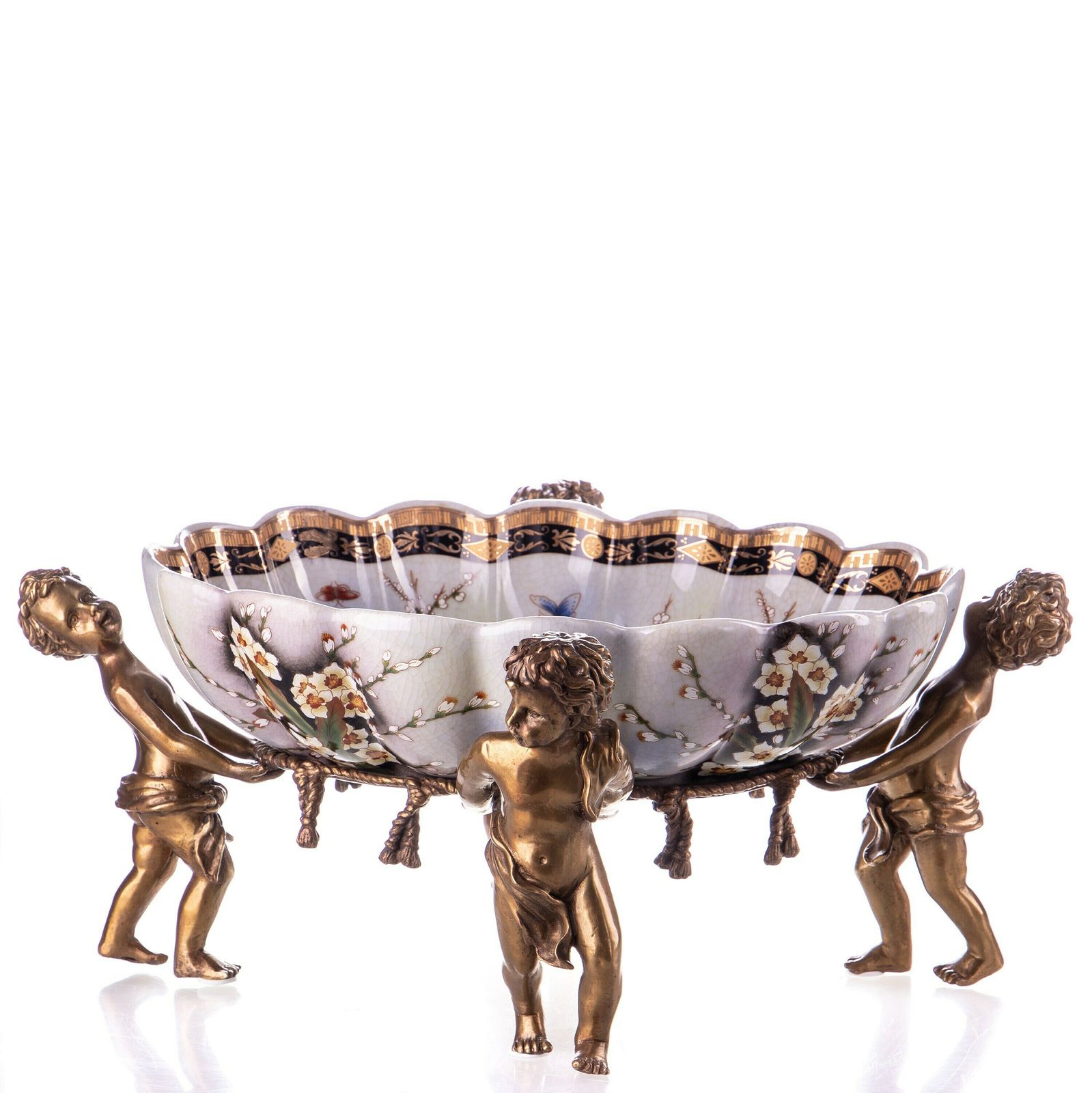 Large Decorative Bowl, Plateau Made Of Porcelain And Bronze, Angels And Birds, Antique Home Deco