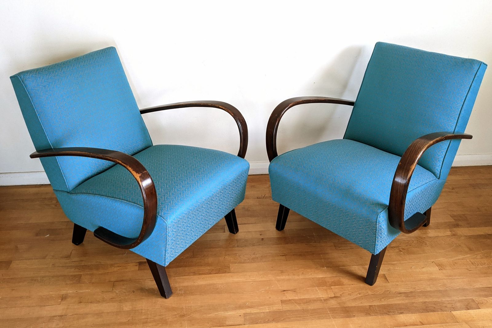A Pair Of Jindrich Halabala 1930's Bent Wood Armchairs Recovered In Blue Teal Wool
