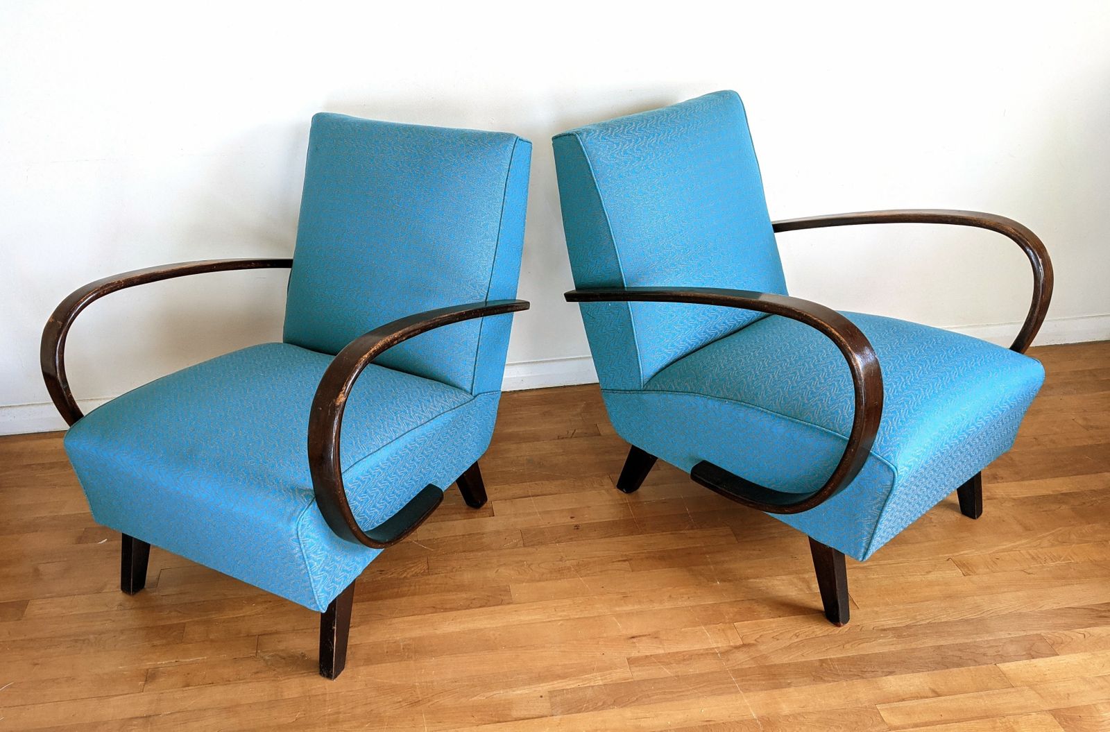A Pair Of Jindrich Halabala 1930's Bent Wood Armchairs Recovered In Blue Teal Wool photo Furniture