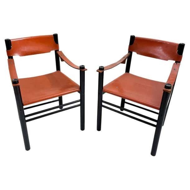 Mid Century Modern Pair Of Armchairs By Ibisco Sedie Leather And Wood Italy