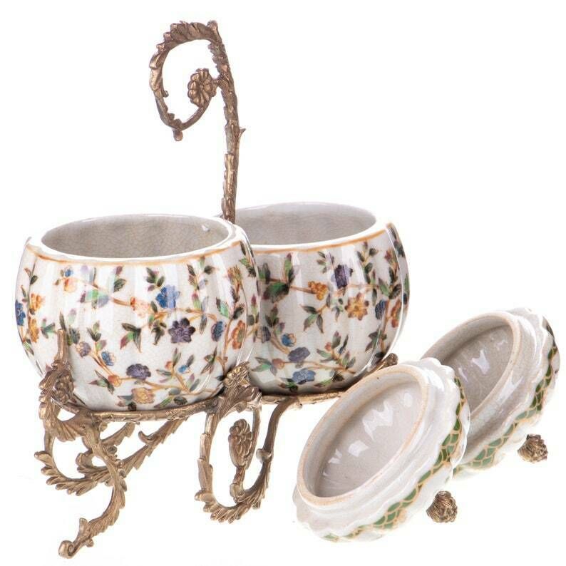 Porcelain Salt And Pepper Shakers On A Carved Antique Bronze Stand photo furniture