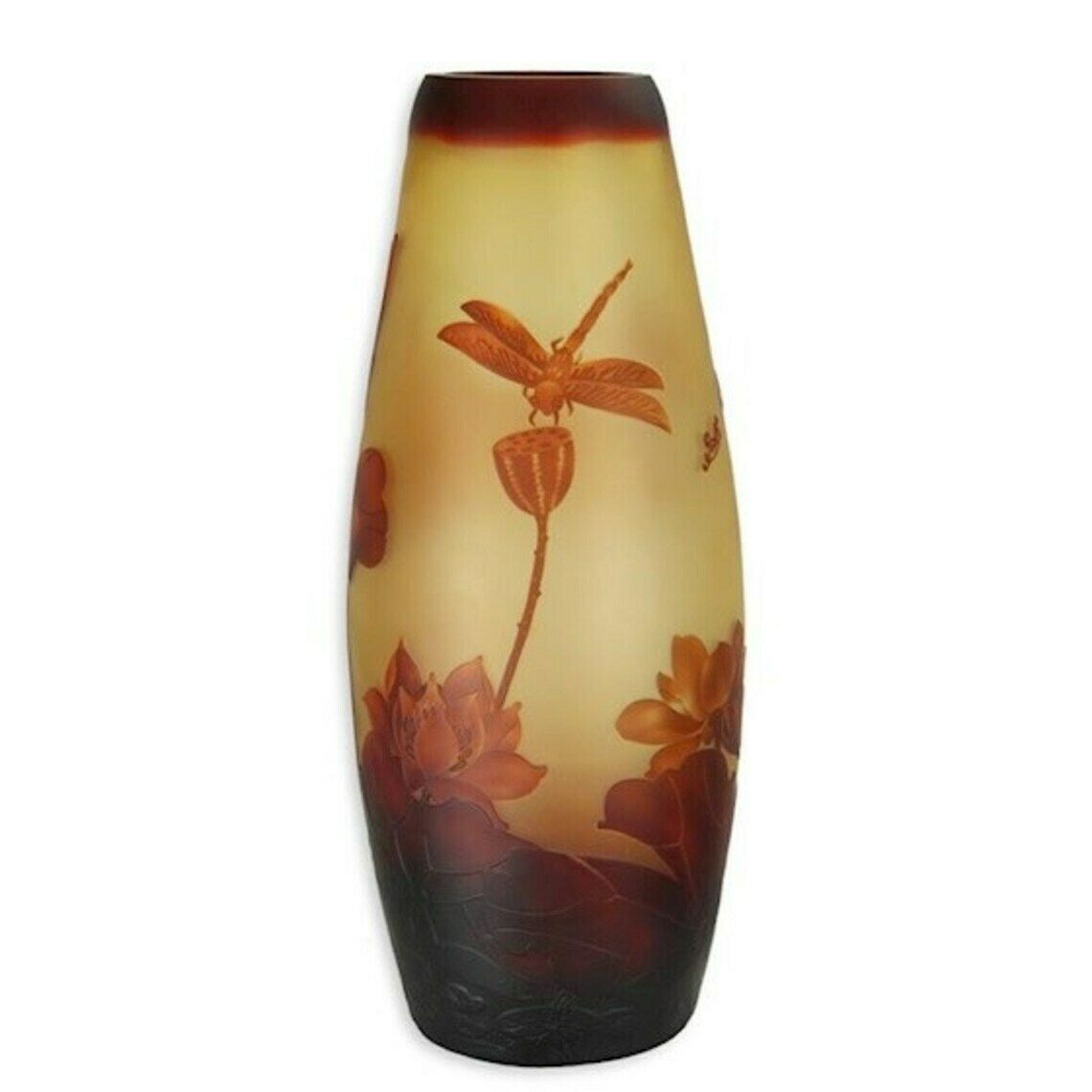 Vintage Emile Galle Style Vase, Big Glass Vase With Hibiscus, Yellow And Brown Glass Vase, Flower Vase, Wedding Gift Idea