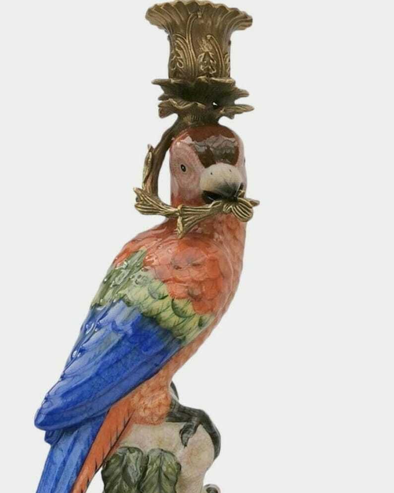 Parrots Shaped Candleholders Set, Red Birds Made Of Porcelain And Bronze, Antique Home Decor photo furniture