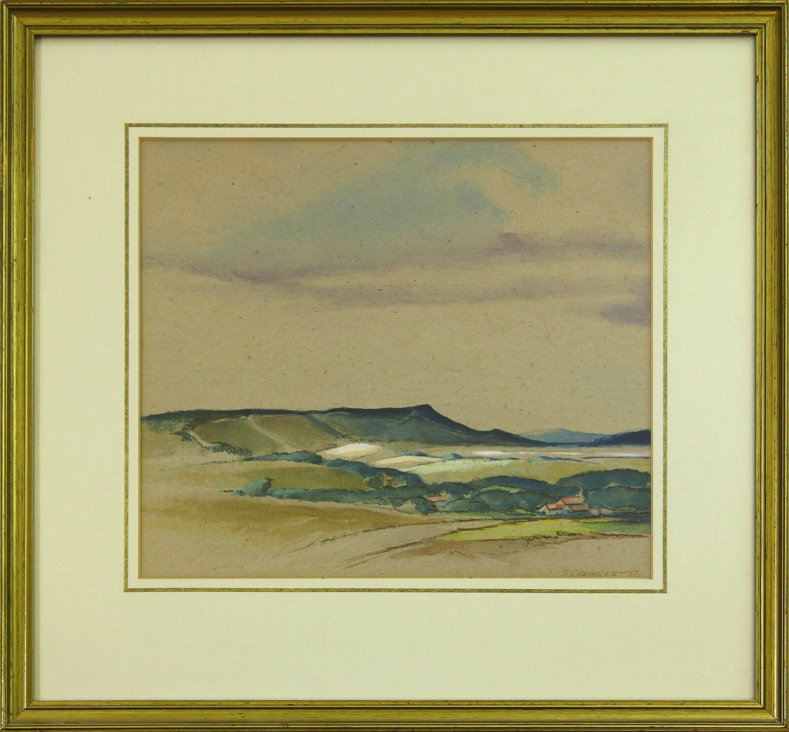 Watercolour By J. Grainger. Landscape View With Hills In The Distance