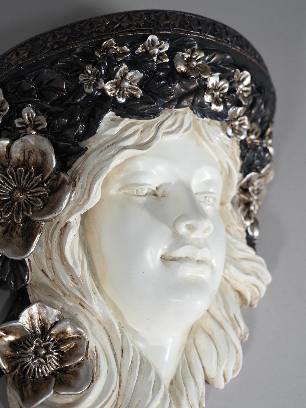 Antique Style Girl's Head Wall Console With Flower Wreath Art Nouveau Wall Sculpture photo for sale