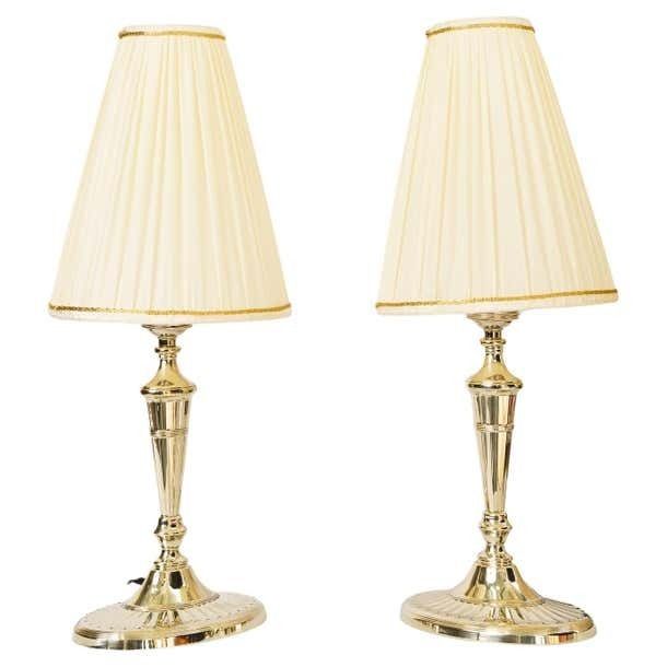 2 Table Lamps Alpaca With Oval Base And Fabric Shades Vienna Around 1920s