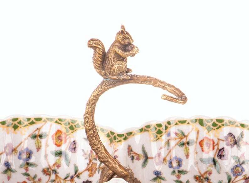 Bronze Mounted Porcelain Double Serving Bowl With Squirrel Figurine, Art Nouveau Style Art Gift Snack Bowl Centerpiece With Bronze Ornaments photo for sale