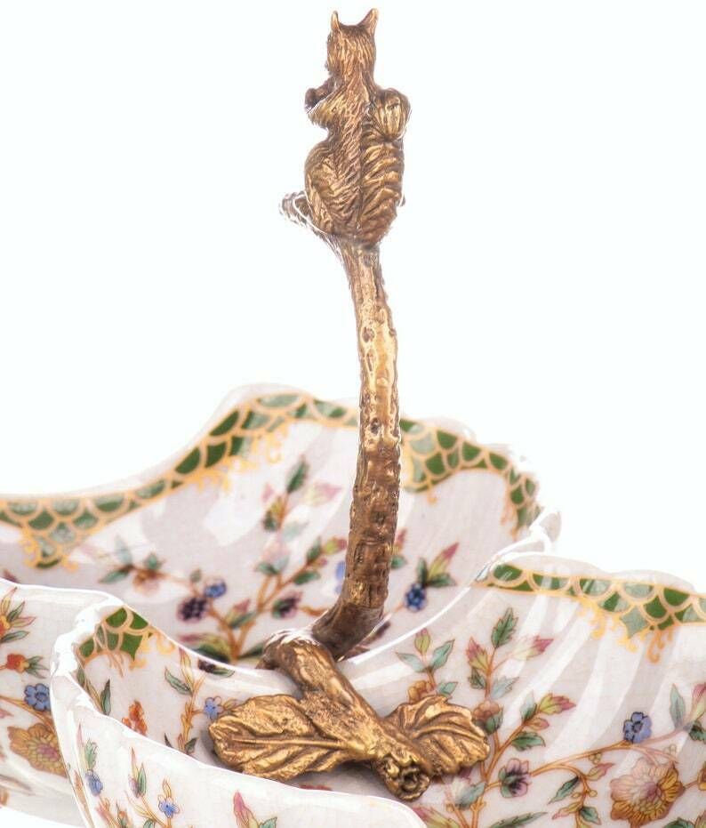 Bronze Mounted Porcelain Double Serving Bowl With Squirrel Figurine, Art Nouveau Style Art Gift Snack Bowl Centerpiece With Bronze Ornaments photo Home Decor