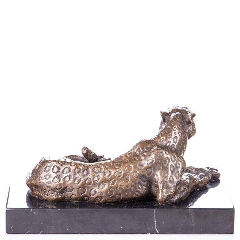 Bronze Leopard Sculpture, Modern Bronze Metal Sculpture On Marble Base, Bronze Panther Statue, Resting Wild Cat, Decoration Gift Home Decor photo for sale