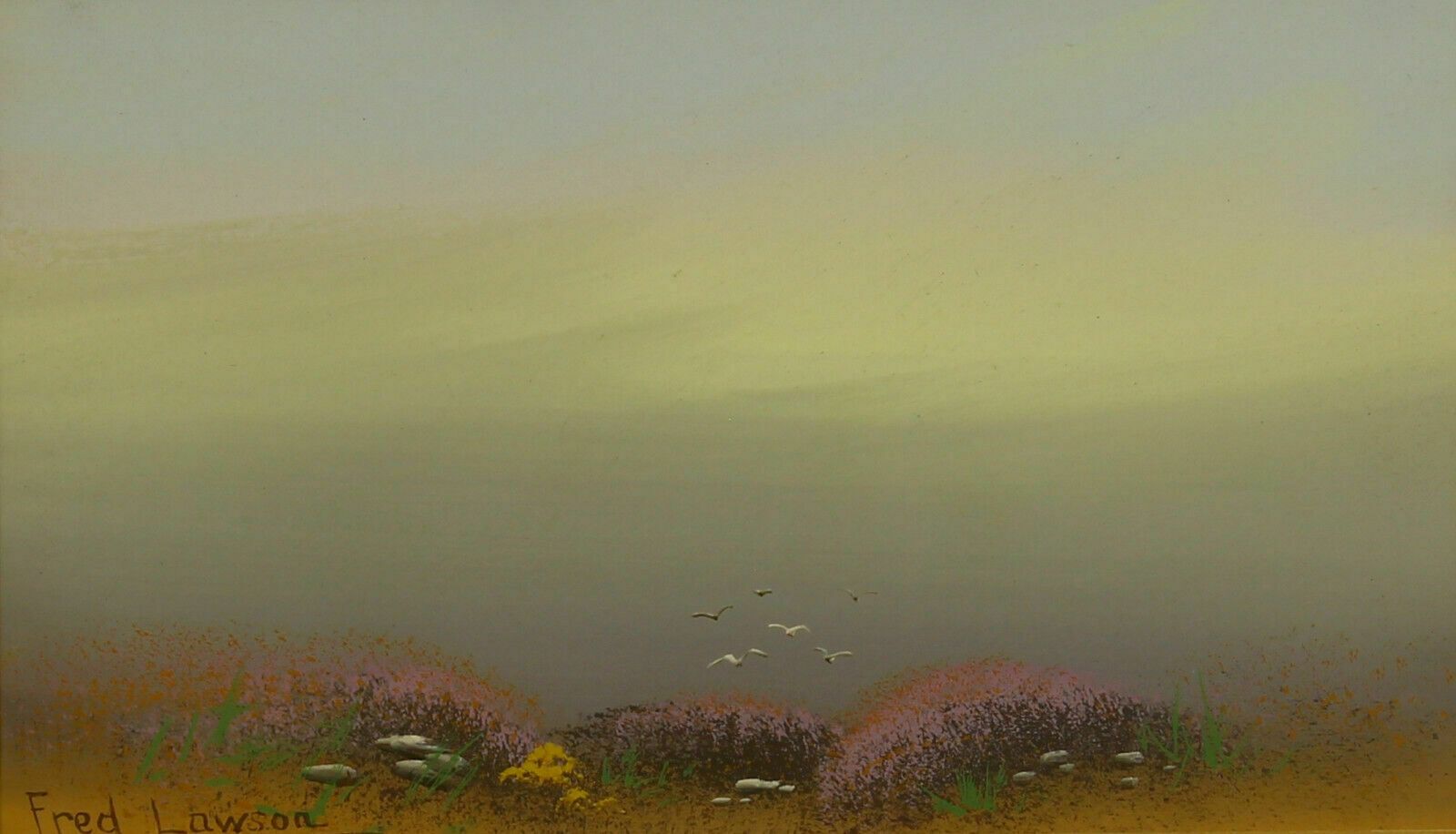 Gouache Signed Fred Lawson. Birds Flying Over Heather Shrubs photo furniture