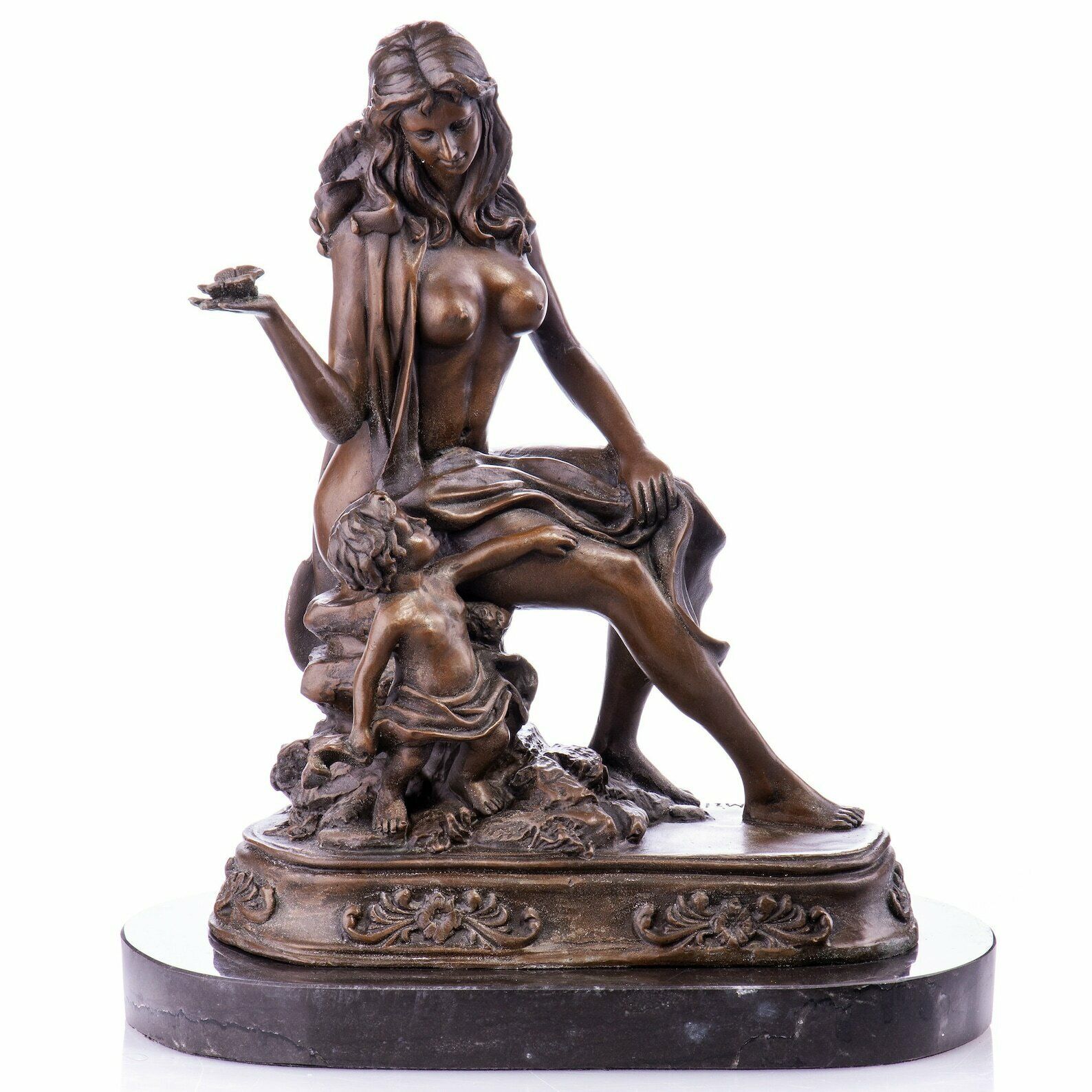 Bronze Figure Of A Female Nude With An Angel Marble Base, Large Bronze Sculpture On Marble Base, Vintage Figurine, Signed